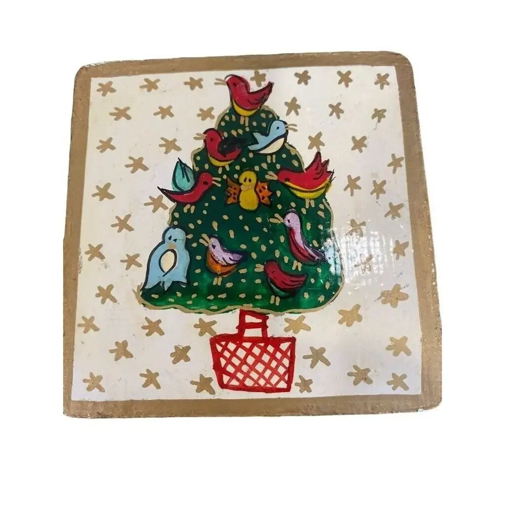 Foreside Painted Christmas Coasters Wooden Glossy Glaze With Box